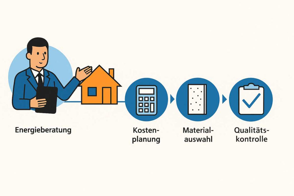 Infografik zeigt Schritt-für-Schritt-Prozess einer Fassadendämmung von der Beratung bis zur Qualitätskontrolle