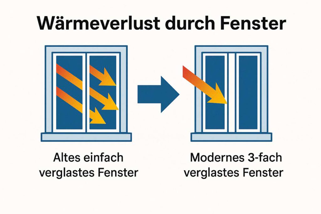 Infografik zum Vergleich des Wärmeverlusts bei alten und modernen Fenstern