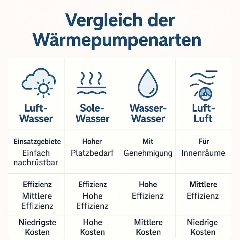 Infografik zum Vergleich von vier Wärmepumpenarten: Luft-Wasser-, Sole-Wasser-, Wasser-Wasser- und Luft-Luft-Wärmepumpe mit Angaben zu Einsatzgebieten, Effizienz und Kosten.