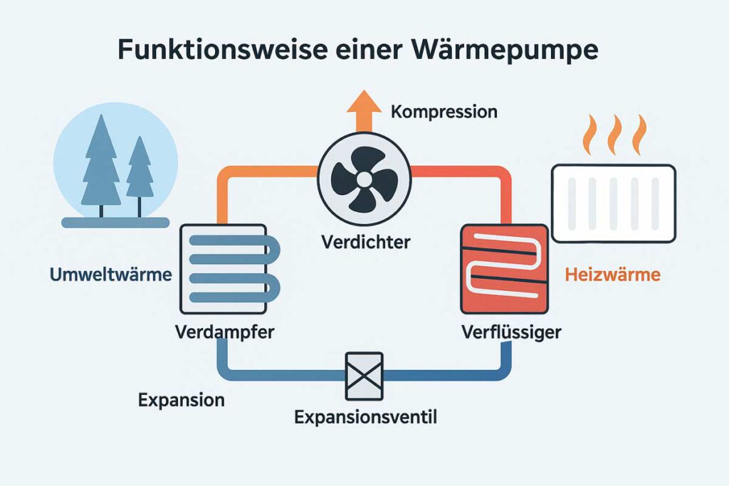 Schematische Darstellung der Funktionsweise einer Wärmepumpe mit Umweltwärme, Verdampfer, Kompressor, Verflüssiger und Heizwärme.