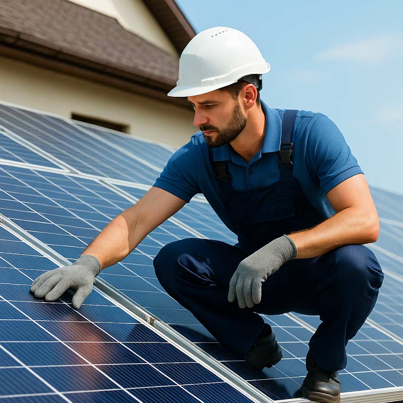 Techniker-mit-Schutzhelm-inspiziert-Solarmodule-auf-dem-Dach-einer-Photovoltaikanlage-zur-Wartung-und-Effizienzpruefung