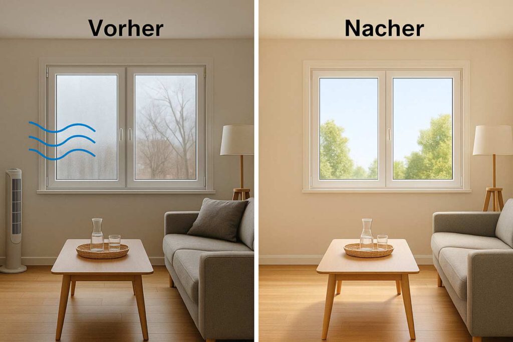 Vorher-Nachher-Bild eines Wohnzimmers mit alten und neuen Fenstern zur Veranschaulichung der Effizienzsteigerung