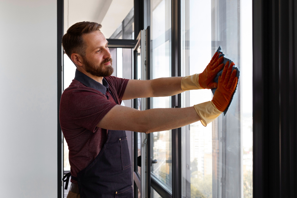 Mann reinigt energieeffiziente Fenster in einem modernen Gebäude – symbolisch für Fenstertausch mit Fördermitteln