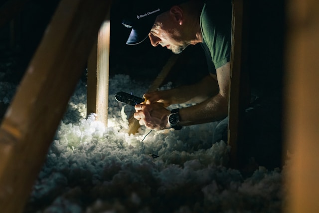 Handwerker bei der Arbeit im Dachstuhl, fokussiert auf Dachdämmung und Energieeffizienz.