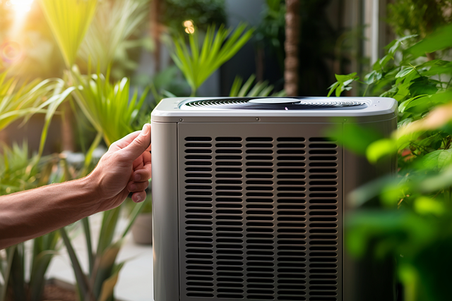 Moderne Luft-Wasser-Wärmepumpe im Garten – effiziente Heiztechnologie für umweltfreundliches Heizen