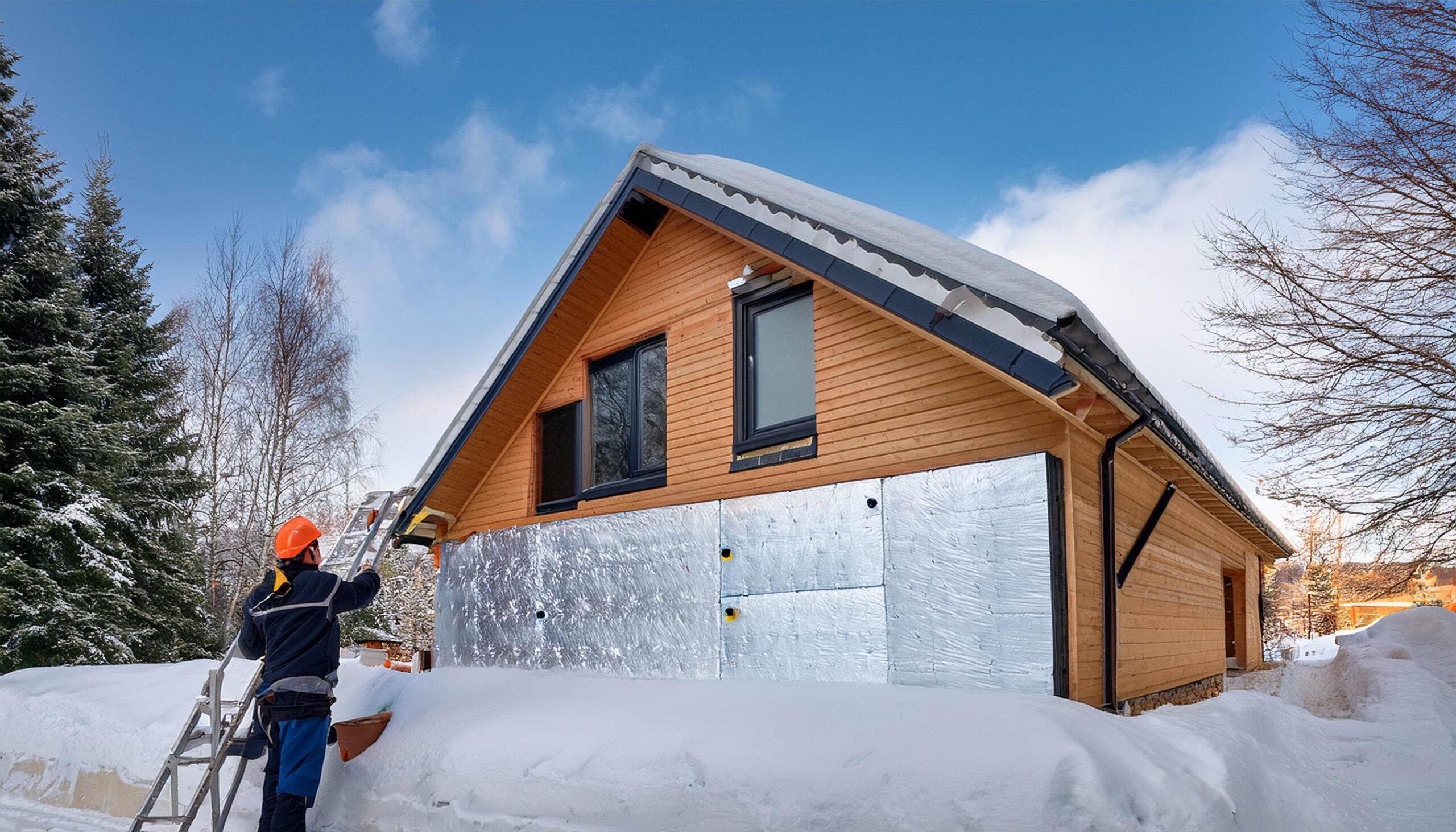 Fassadendämmung im Winter: Handwerker bringt Dämmplatten an einem Einfamilienhaus an, halb gedämmte Fassade mit sichtbarem Frost auf der ungedämmten Seite