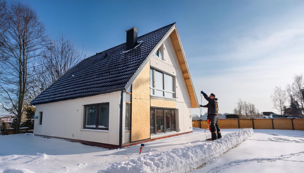 Firefly Ein Einfamilienhaus im Winter mit einer halb gedaemmten Fassade. Auf der ungedaemmten Seite si1