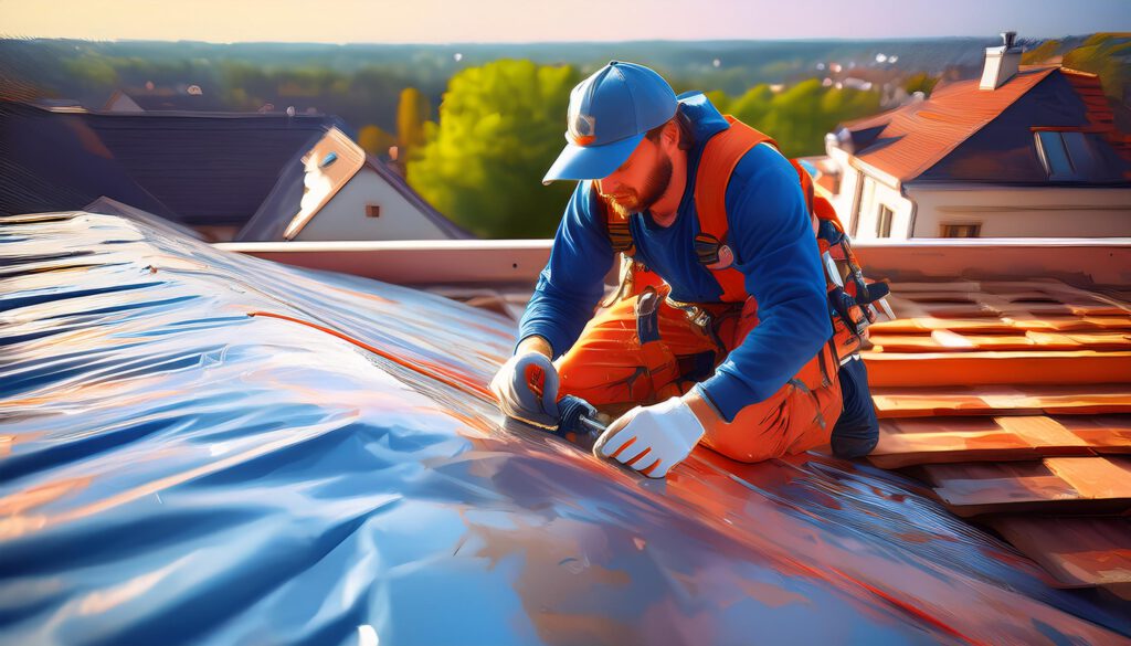 Ein Handwerker in Arbeitskleidung installiert eine Dampfbremse auf einer Dachkonstruktion.