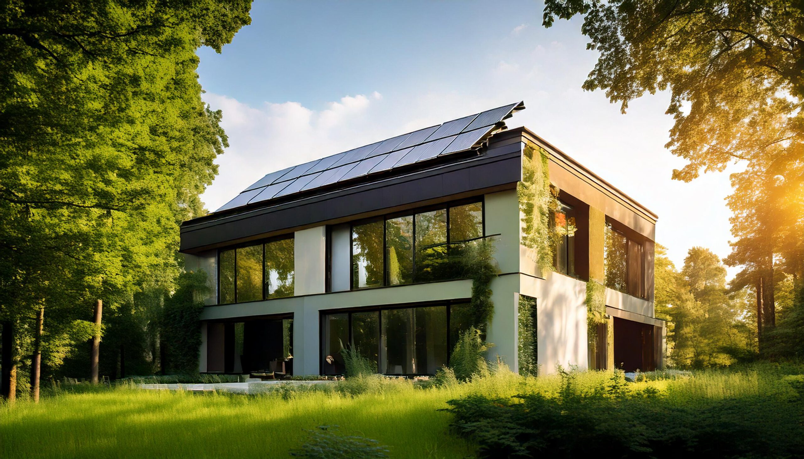 Modernes Haus mit nachhaltiger Fassadendämmung aus umweltfreundlichen Materialien, umgeben von grünen Bäumen – Symbol für Energieeinsparung und Wärmedämmung