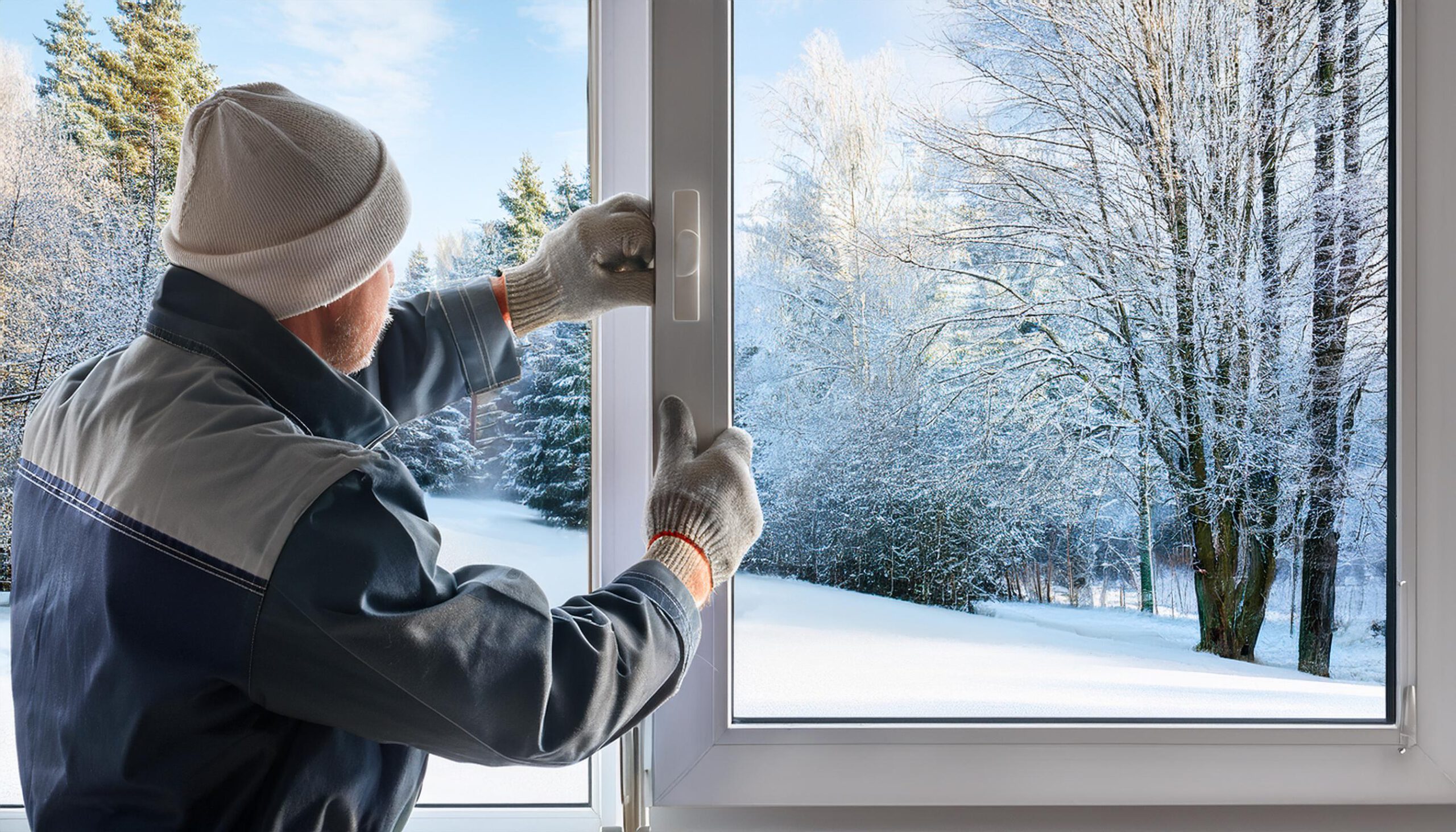 Handwerker baut energieeffizientes Fenster im Winter ein – sichere Montage trotz Schnee und niedriger Temperaturen für besseren Wärmeschutz