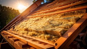 Nahaufnahme einer Dachdämmung mit sichtbaren Dämmmaterialien zwischen den Sparren – effiziente Wärmedämmung für energieeffiziente Häuser