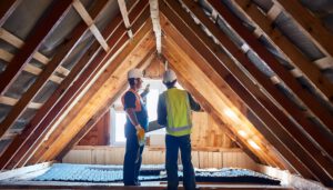 Zwei Handwerker inspizieren die Dachdämmung eines Dachbodens und planen eine Untersparrendämmung für bessere Energieeffizienz