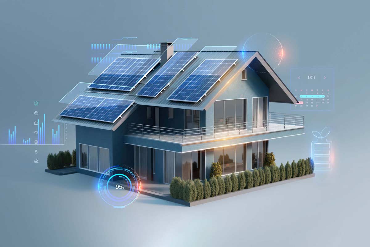 Energieeffizientes Haus mit Photovoltaikanlage, Wärmepumpe und Home Energy Management System (HEMS) zur intelligenten Steuerung von Stromerzeugung, -speicherung und -verbrauch.