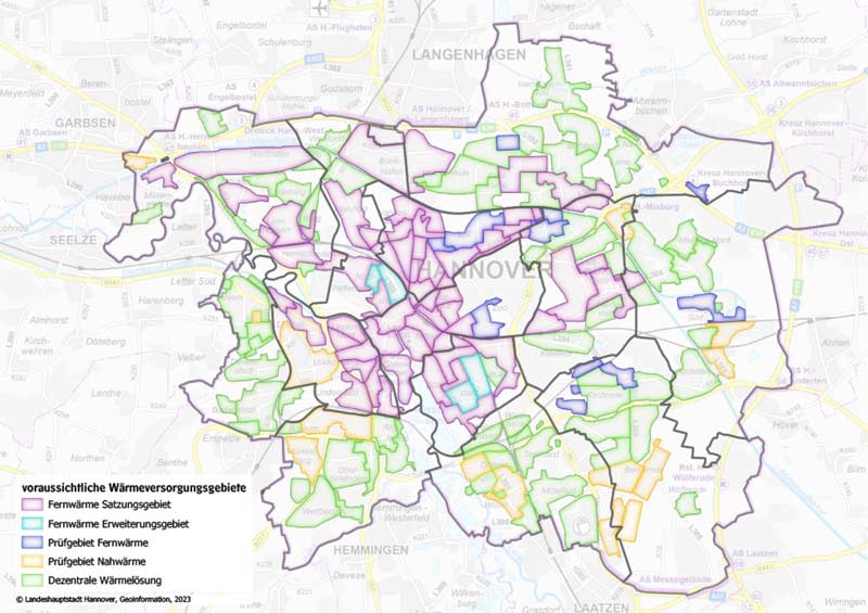 Karte von Hannover, welche die Kommunale Wärmeplanung zeigt mit Markierungen der Gebiete, in denen Fernwärme im Einsatz, geplant oder ausgeschlossen ist.