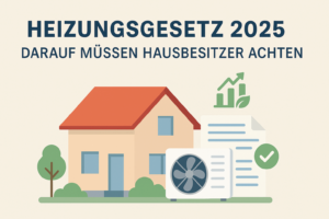 Grafik zum Heizungsgesetz 2025 mit Symbolen für nachhaltige Heizsysteme, Gebäudedämmung und Fördermöglichkeiten, passend zum Blogartikel für Hausbesitzer.