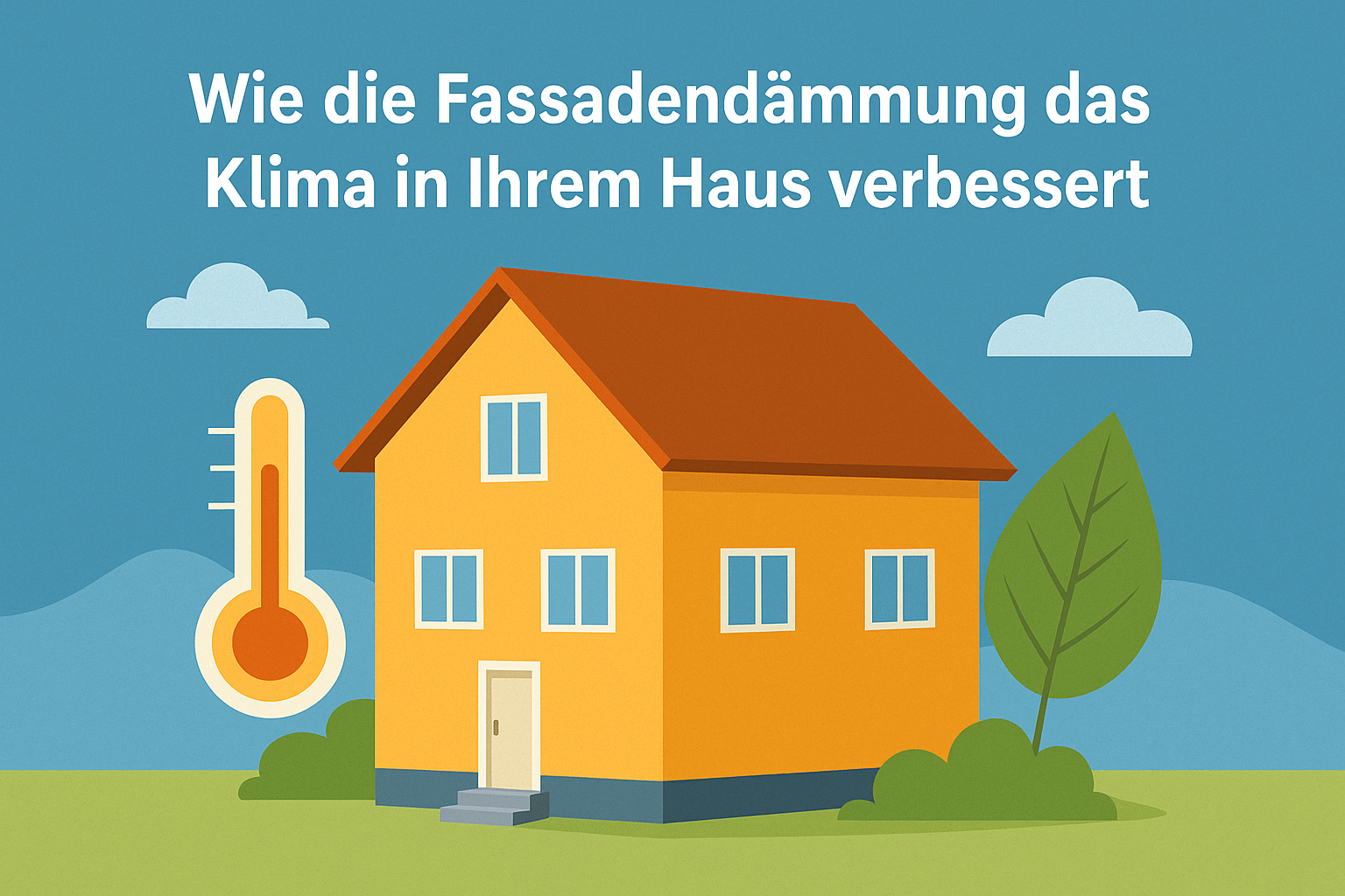 Illustration eines gedämmten Hauses mit Thermometer und Blatt – Symbolbild für verbessertes Raumklima durch Fassadendämmung