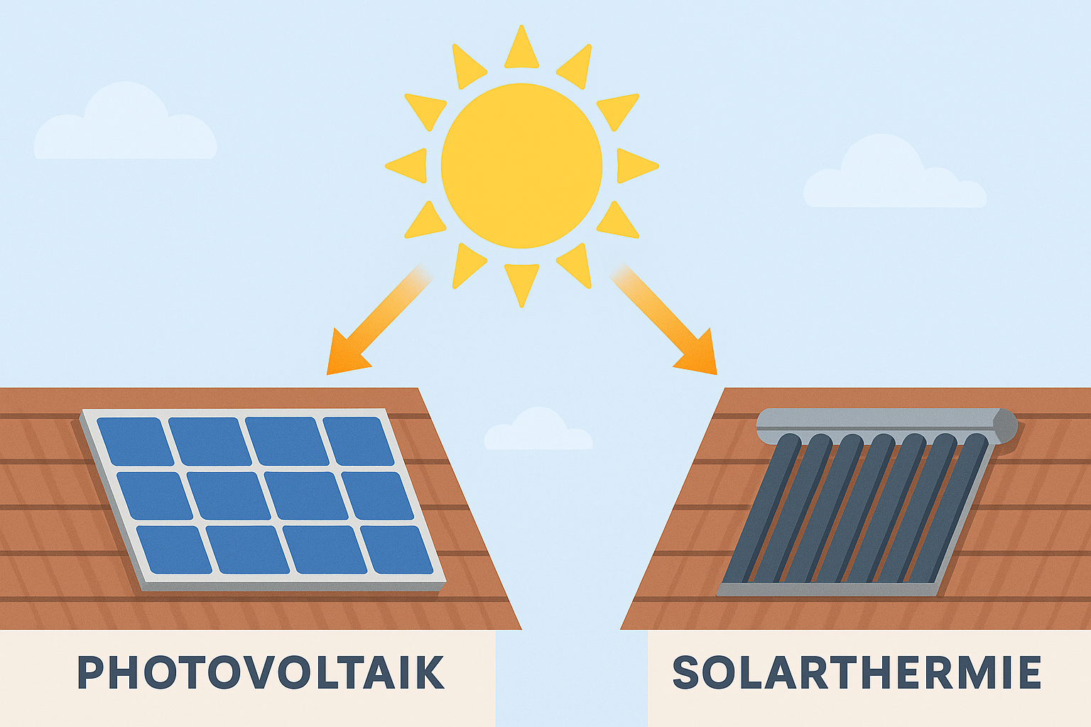 Illustration mit Photovoltaikanlage und Solarthermie-Kollektor auf Hausdächern – direkter Vergleich der beiden Solartechnologien unter Sonneneinstrahlung