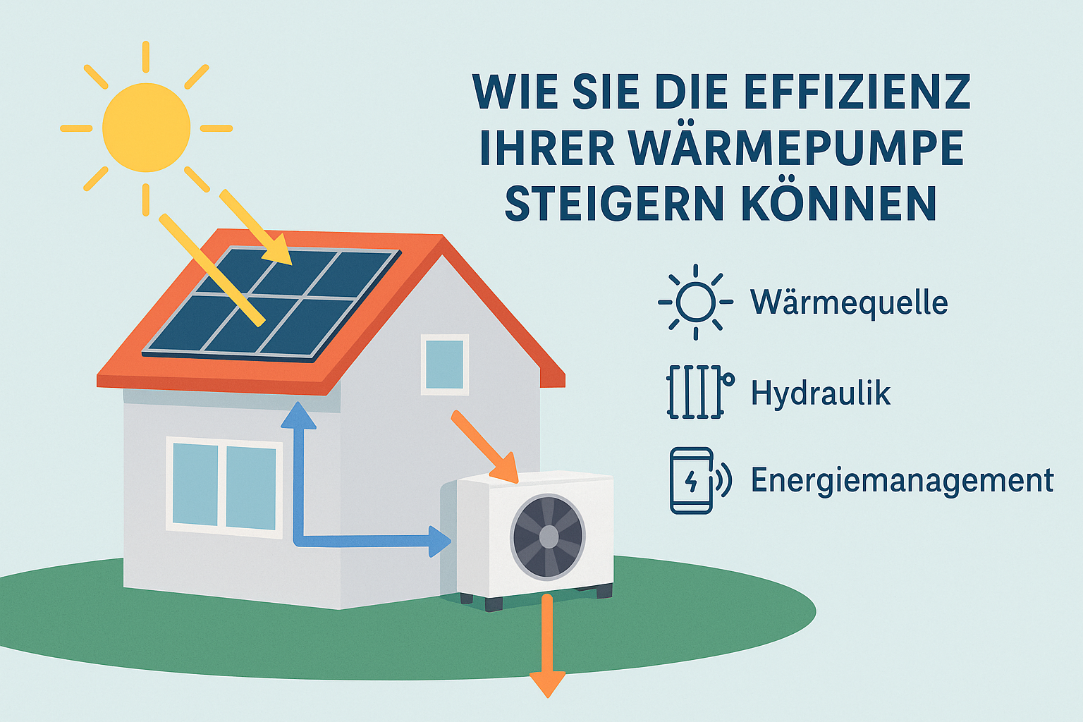 Infografik eines Hauses mit Solarpanelen auf dem Dach, einer Wärmepumpe und Symbolen für Wärmequelle, Hydraulik und Energiemanagement