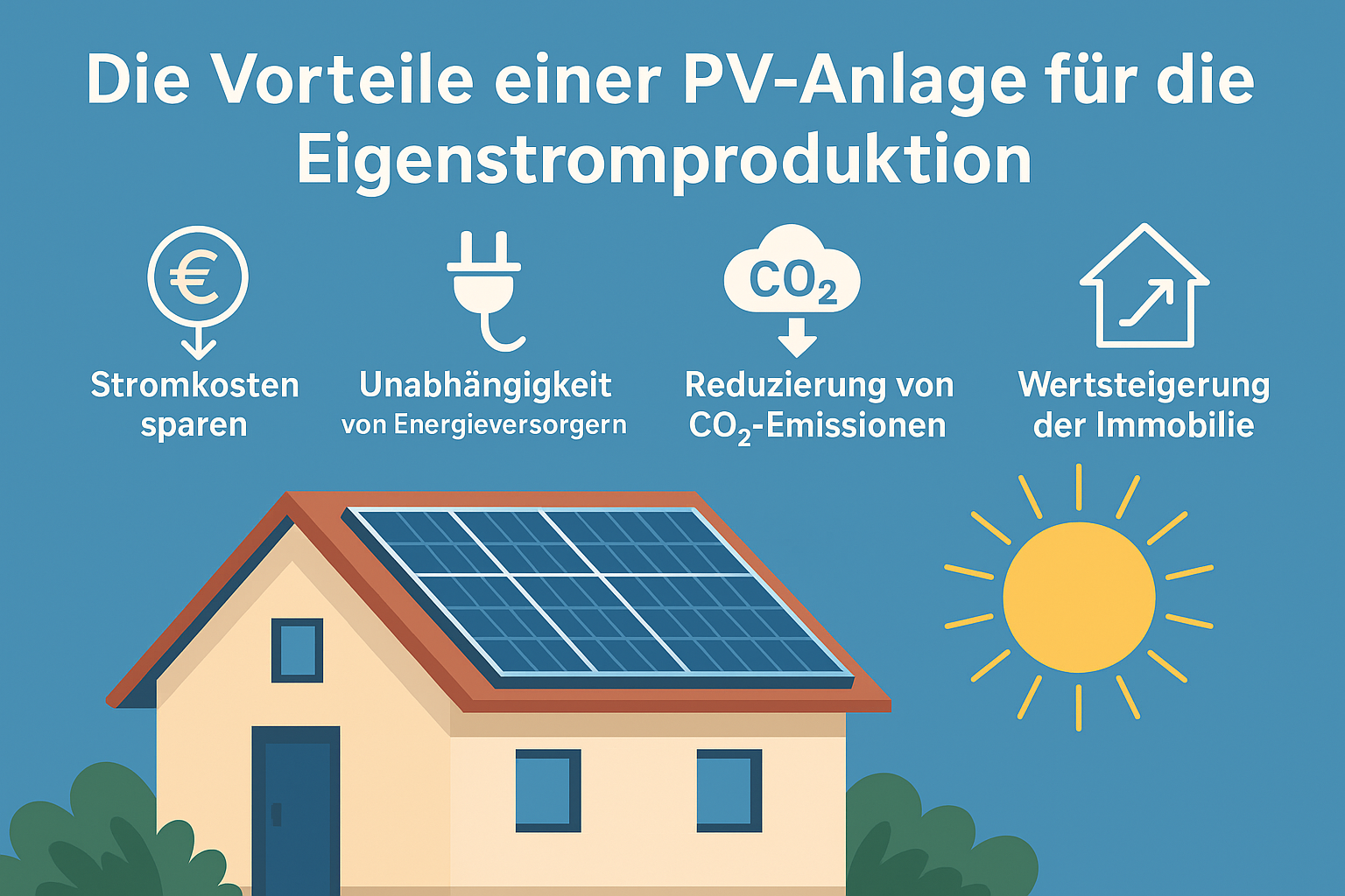 Infografik zu den Vorteilen einer Photovoltaikanlage für die Eigenstromproduktion – Stromkosten senken, CO₂-Emissionen reduzieren, Energieautarkie, Immobilienwert steigern