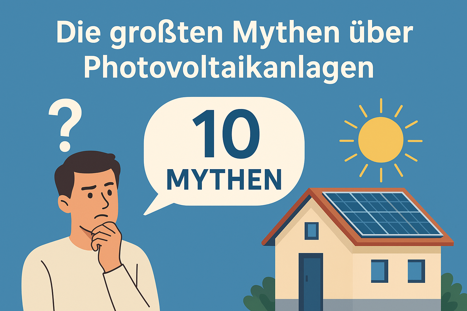 Infografik mit 10 häufigen Mythen über Photovoltaikanlagen – moderne Darstellung mit Solarhaus, Sonne und fragendem Eigenheimbesitzer