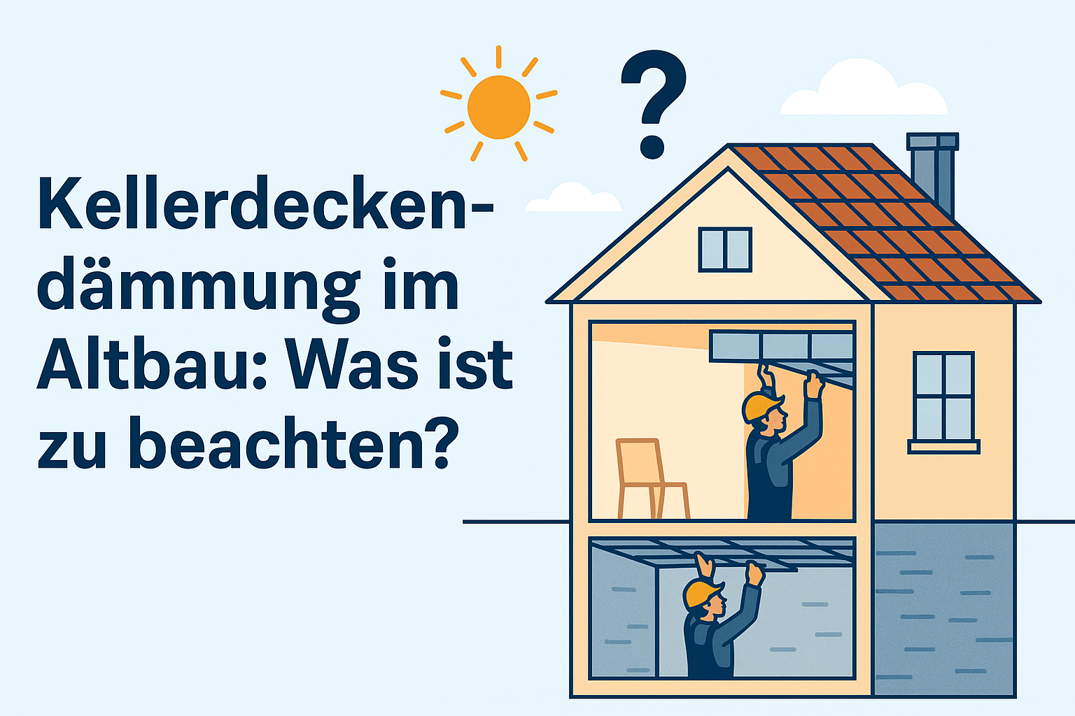 Illustration zur Kellerdeckendämmung im Altbau: Handwerker bringen Dämmplatten unter Kellerdecke an – Sanierung zur Heizkostensenkung