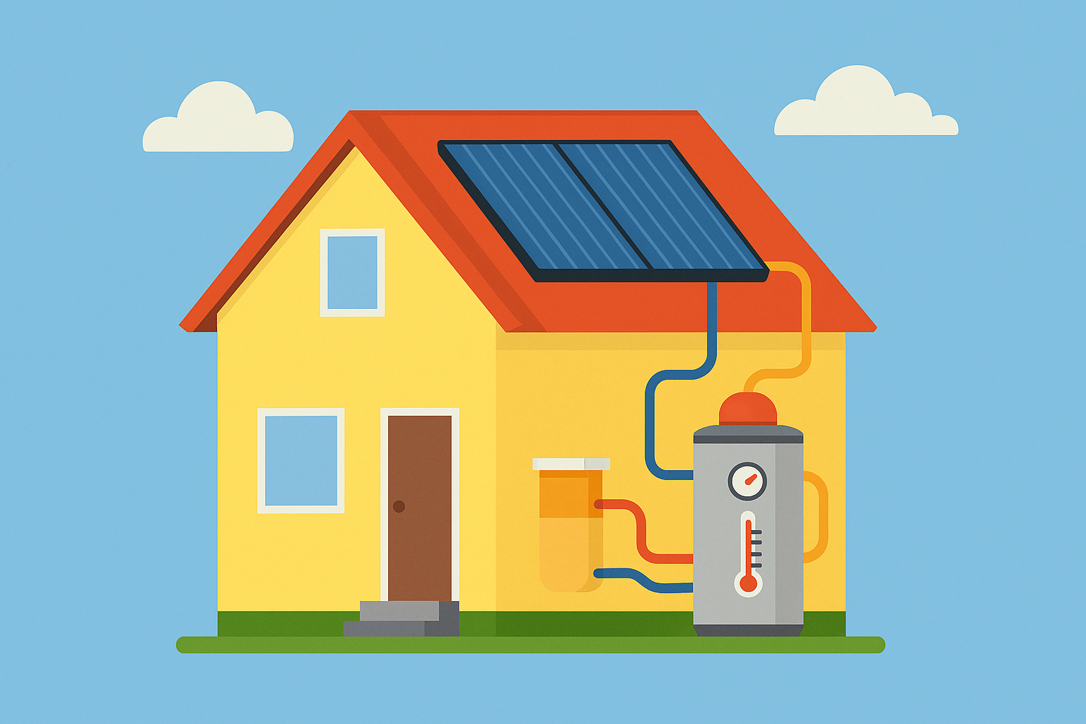 Illustration einer Solarthermieanlage auf Hausdach mit Warmwasserspeicher – Warmwasserbereitung durch Sonnenenergie zur Senkung der Energiekosten.