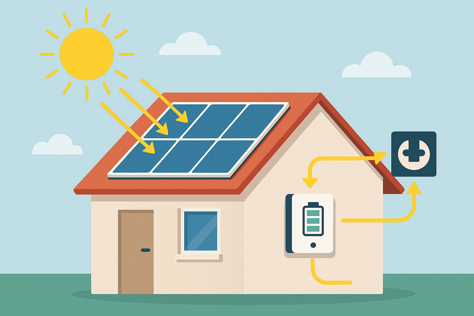 Illustration einer Photovoltaikanlage mit Batteriespeicher am Einfamilienhaus – Sonnenstrom speichern und Eigenverbrauch optimieren.