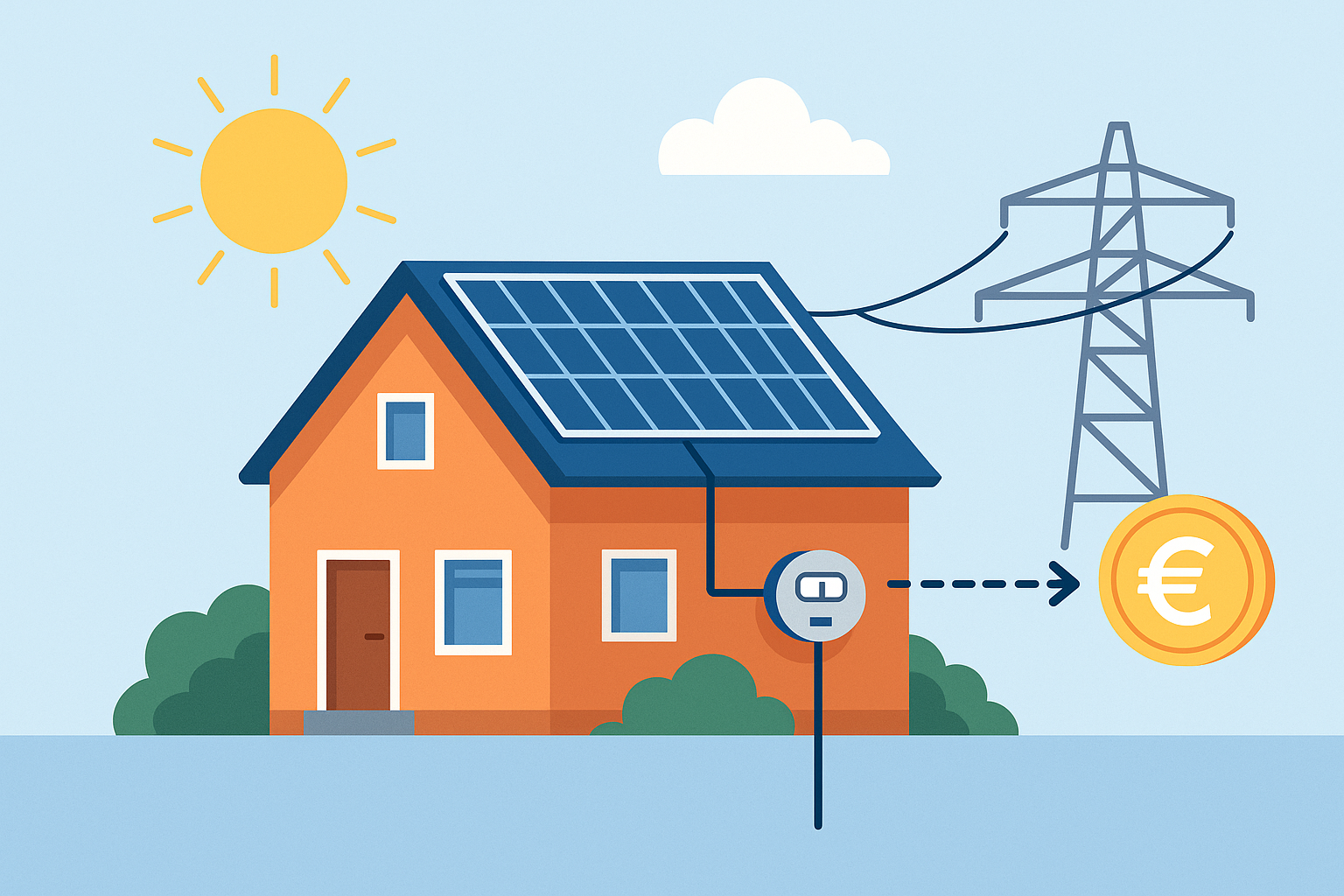 Illustration eines Einfamilienhauses mit Solaranlage, Stromzähler und Netzeinspeisung – Einnahmen durch Photovoltaikstromverkauf ans öffentliche Netz.