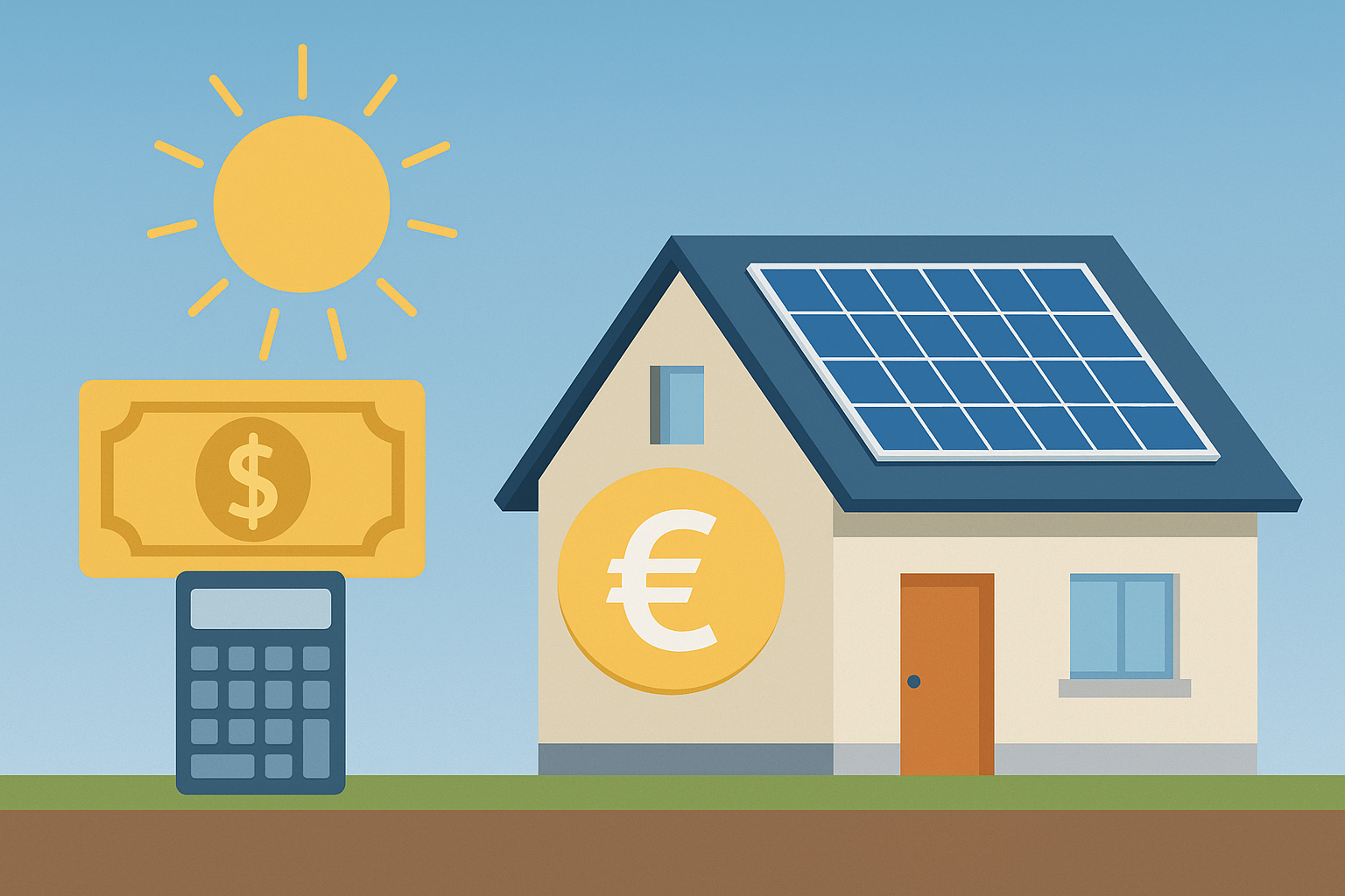 Illustration zeigt Einfamilienhaus mit Solaranlage, Eurozeichen und Kalkulation – Fokus auf Kosten und Wirtschaftlichkeit einer Photovoltaikanlage.