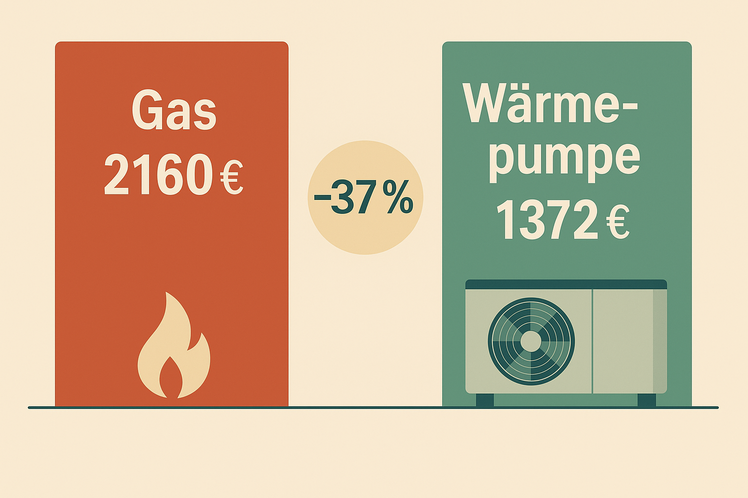 Gas vs. Wärmepumpe jährliche Kosten – 2 160 € vs. 1 372 €, 37 % Ersparnis, Infografik, dsb Deutsche Sanierungsberatung