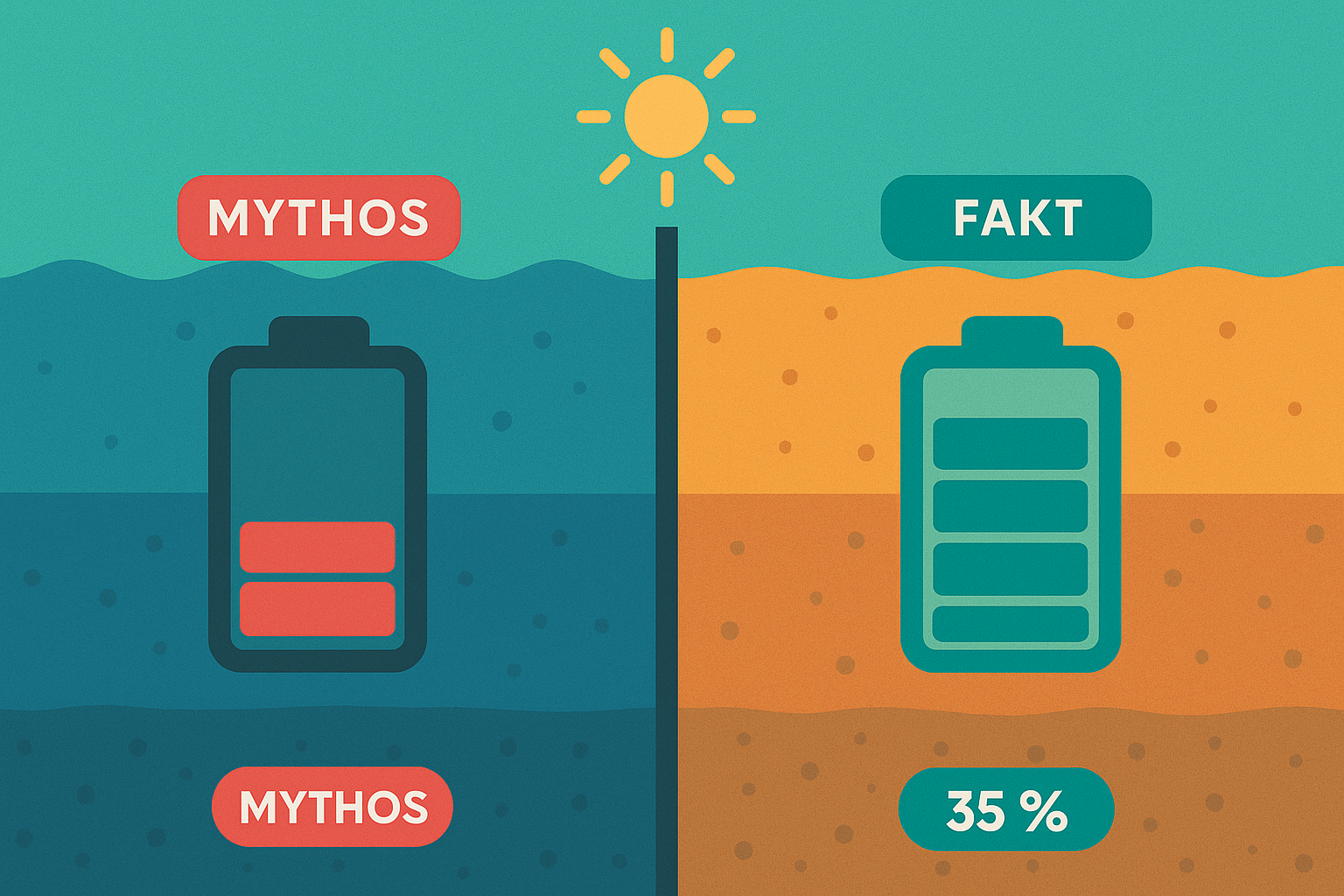 Batterie-Querschnitt Mythos leer vs. Fakt voll – Erdsonde lädt Bodenwärme, Blau-Orange‐Gradient, dsb Deutsche Sanierungsberatung