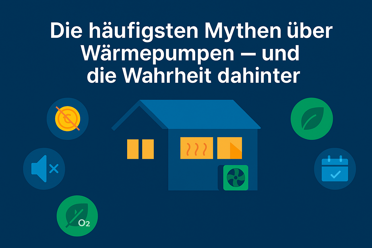 Die häufigsten Mythen über Wärmepumpen – Haus mit Wärmepumpe, Icons für Kosten, Lautstärke, CO₂, Förderung, dsb Deutsche Sanierungsberatung