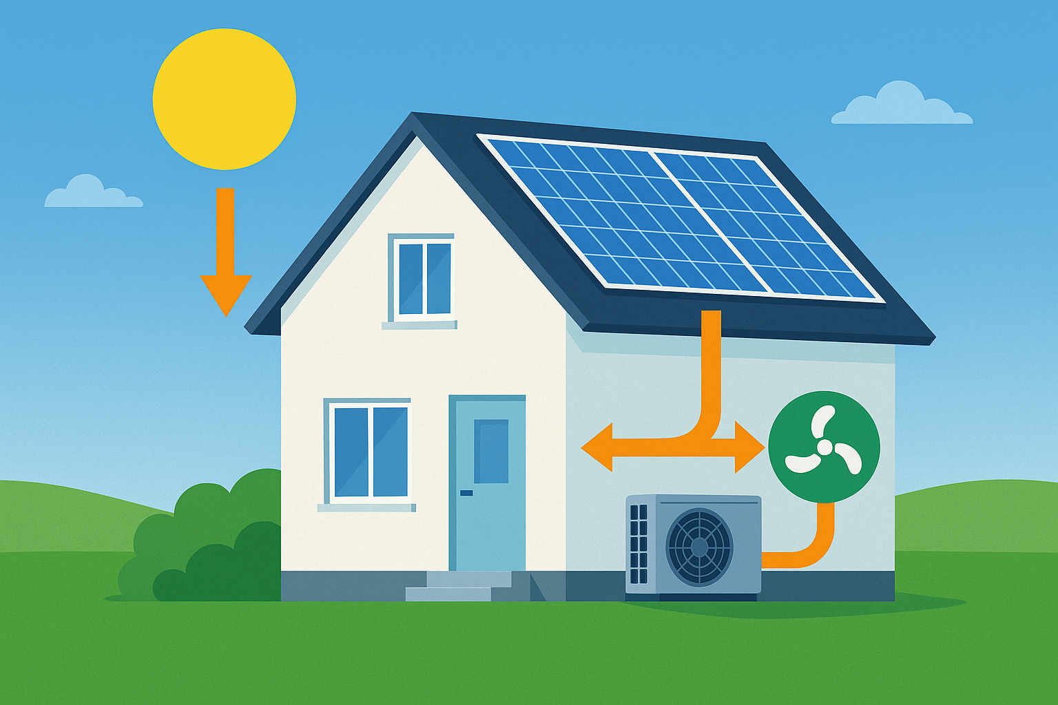 Moderner Einfamilienhaus mit Solarpanelen auf dem Dach und Wärmepumpe im Garten, dargestellt mit Energiefluss-Pfeilen von der Sonne zur Wärmepumpe.