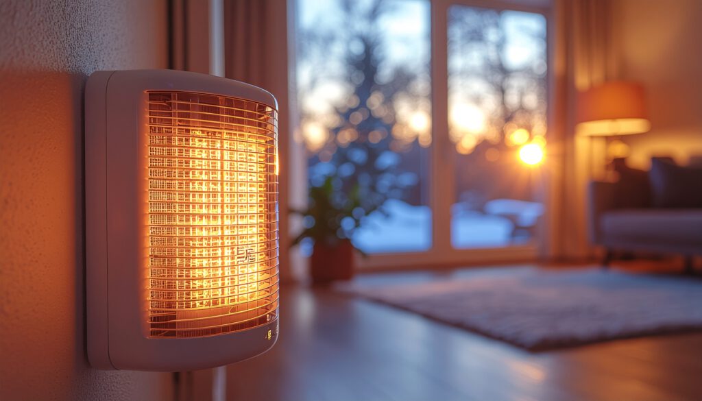 High-resolution lifestyle photo, 16:10 ratio: a mid-century living room at dusk, radiator softly glowing amber at 55 °C beside a sleek heat-pump thermostat on the wall, golden lamplight, shallow depth of field, warm cohesive color grading.