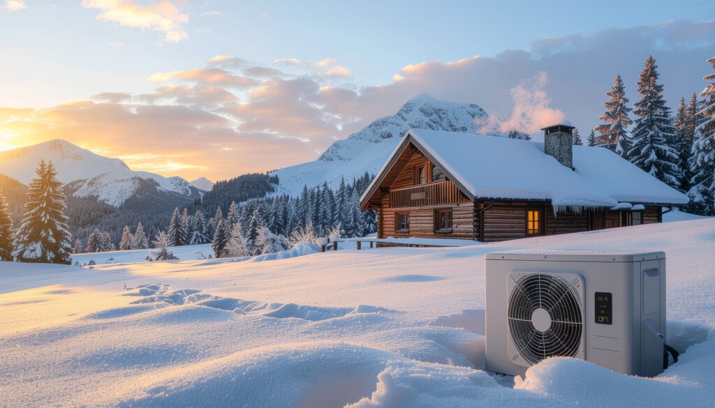 Hyper-realistic winter-twilight photograph, 16:10 aspect ratio. A solitary red-brick farmhouse sits in a snow-covered alpine valley, pine trees heavy with snow and distant peaks rising behind. A sleek silver air-source heat-pump unit is mounted on the gable wall, faint steam curling from its fan; its LED display glows “JAZ 3,1”. Frost crystals sparkle on the casing, condensed breath hangs in the still air, and warm golden light pours from the farmhouse windows onto pristine powder snow. The cold blue dusk sky contrasts sharply with the inviting orange glow, underscoring that heat pumps perform reliably even at –12 °C.