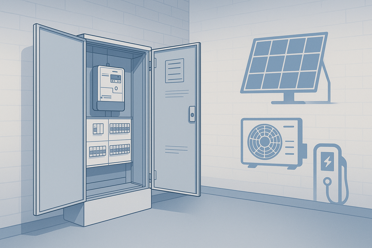 Zählerschrank modernisieren: moderner Zählerplatz mit Smart-Meter, Icons für PV, Wärmepumpe & Wallbox
