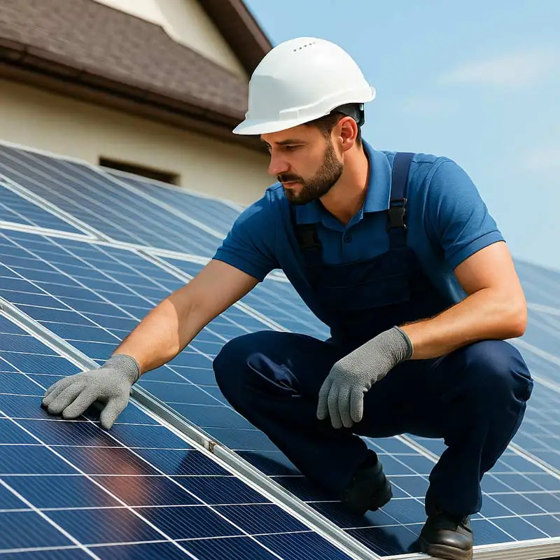 Techniker mit Schutzhelm inspiziert Solarmodule auf dem Dach einer Photovoltaikanlage zur Wartung und Effizienzprüfung.