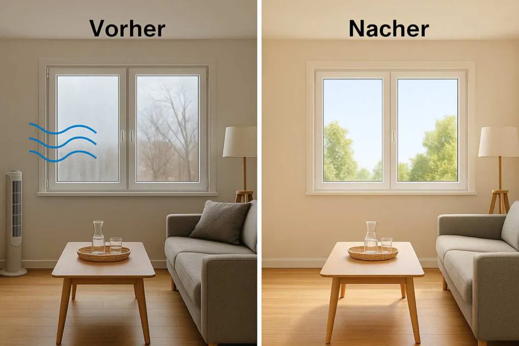 Vorher-Nachher-Bild eines Wohnzimmers mit alten und neuen Fenstern zur Veranschaulichung der Effizienzsteigerung