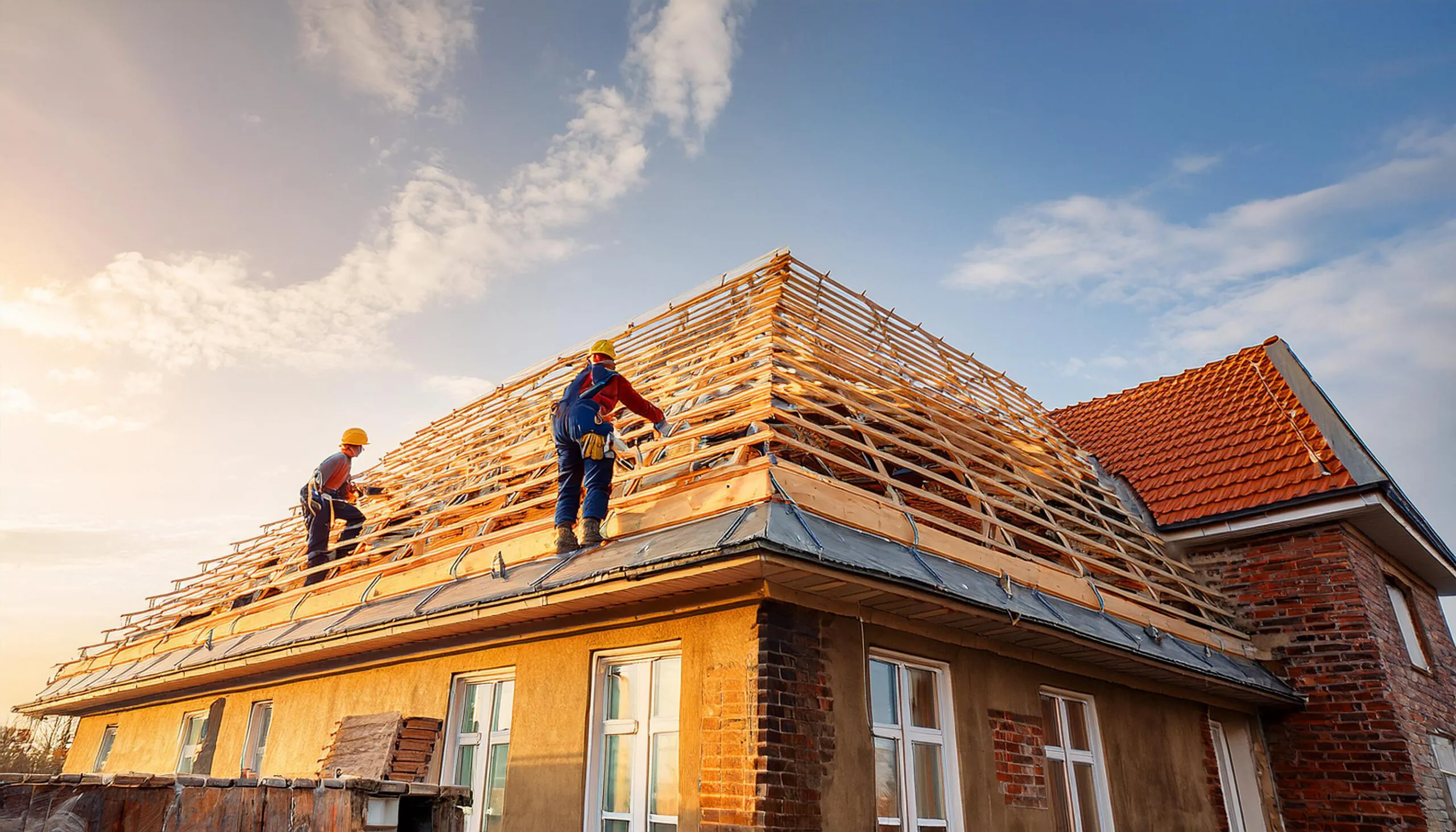 Historischer Altbau mit Dachsanierung, Fachhandwerker installiert moderne Dachdämmung zur Verbesserung der Energieeffizienz