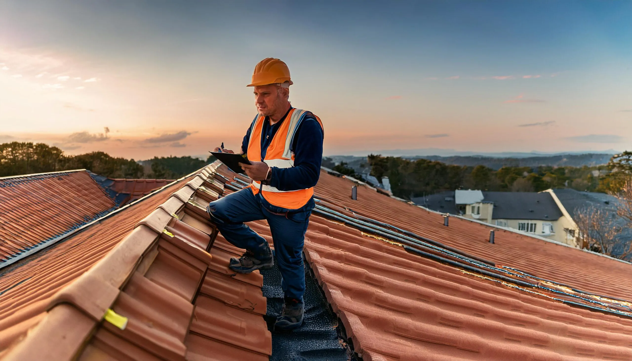 Handwerker begutachtet Dach mit Checkliste in der Hand – Bestandsaufnahme für Dachdämmungsplanung