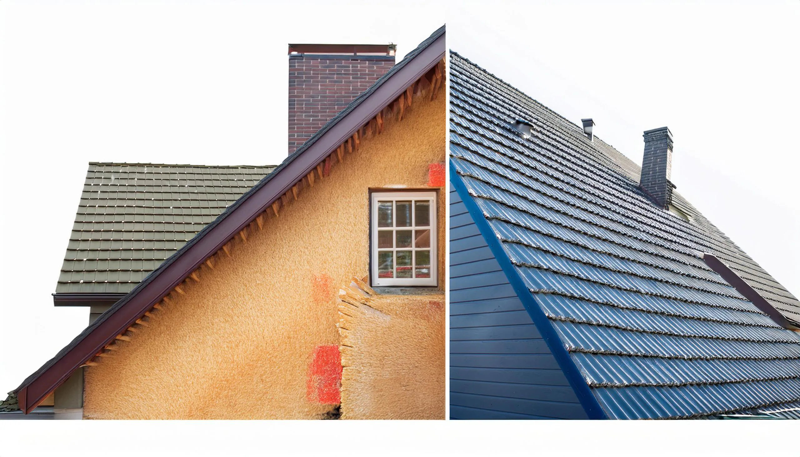 Stilisiertes Einfamilienhaus mit detailliertem Querschnitt des Daches, das verschiedene Dämmschichten, Luftdichtheit und Energieeffizienzmaßnahmen zur Heizkostenersparnis zeigt