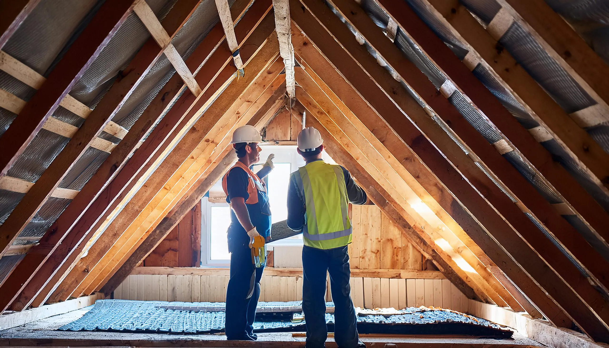 Zwei Handwerker inspizieren die Dachdämmung eines Dachbodens und planen eine Untersparrendämmung für bessere Energieeffizienz