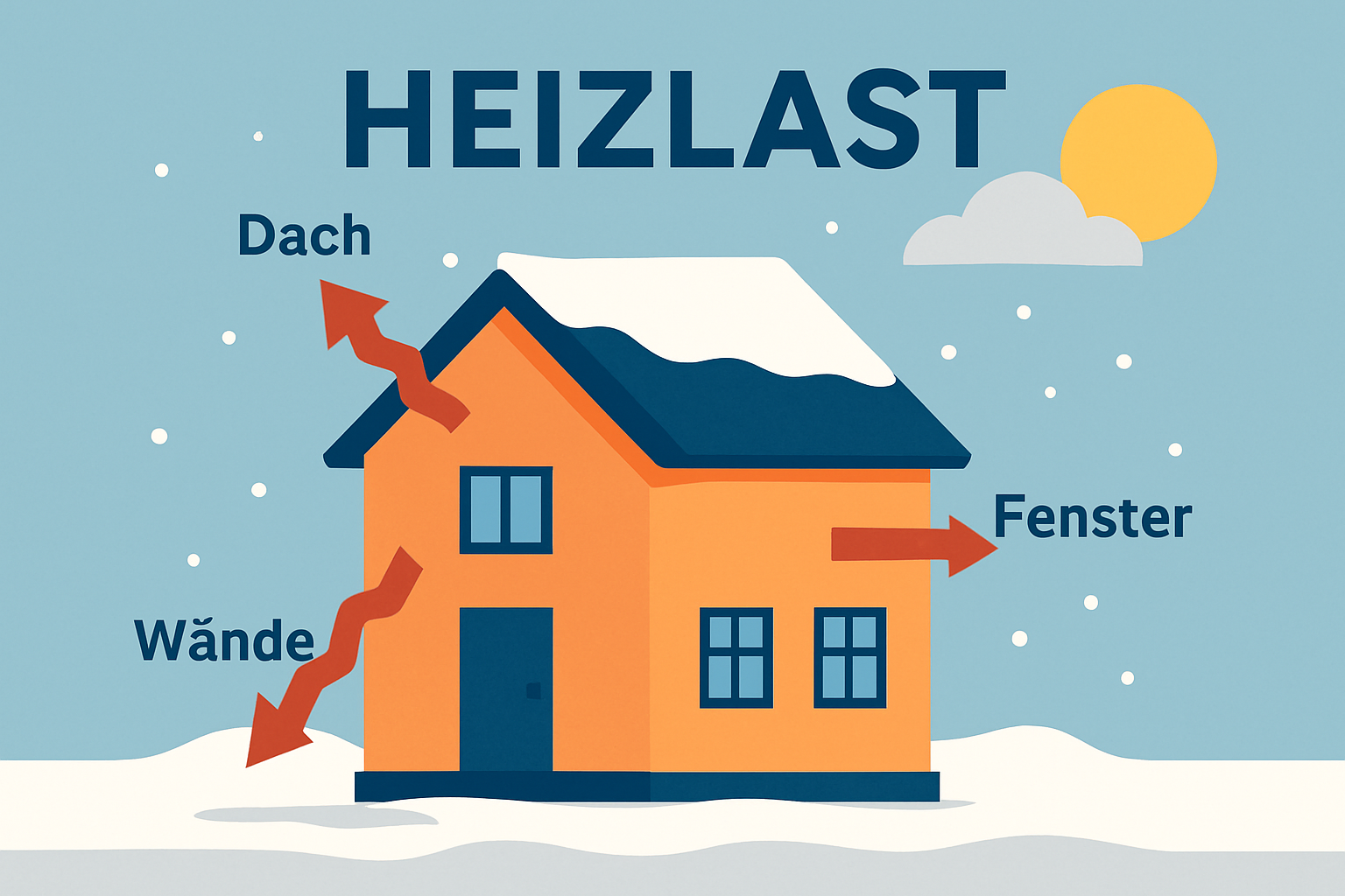 Infografik Heizlast Haus im Winter – Wärmeverluste durch Dach, Fenster und Wände mit Pfeilen erklärt