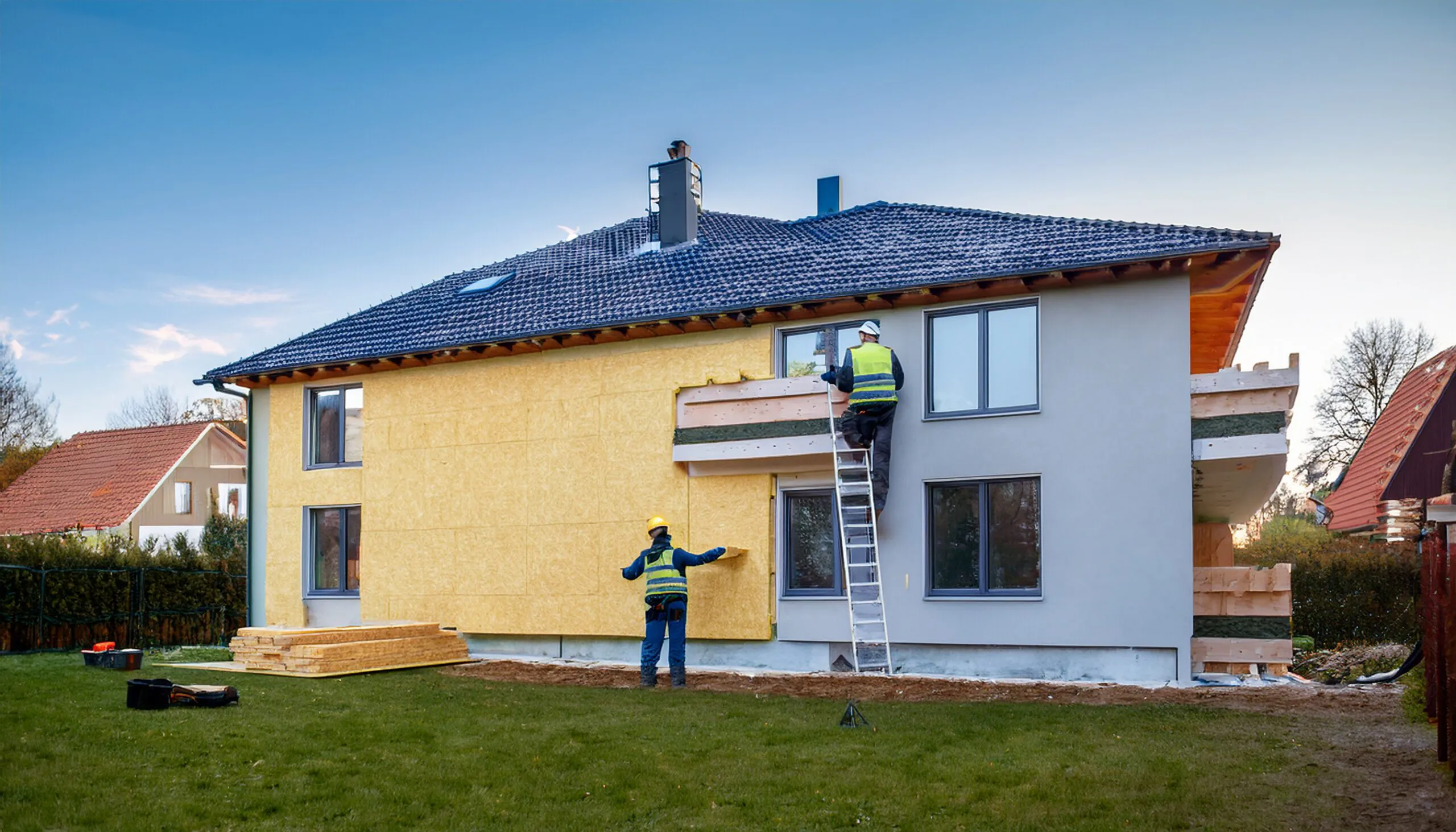 Fassadendämmung eines Einfamilienhauses zur Senkung der Heizkosten – Handwerker montiert Dämmplatten an der Außenwand