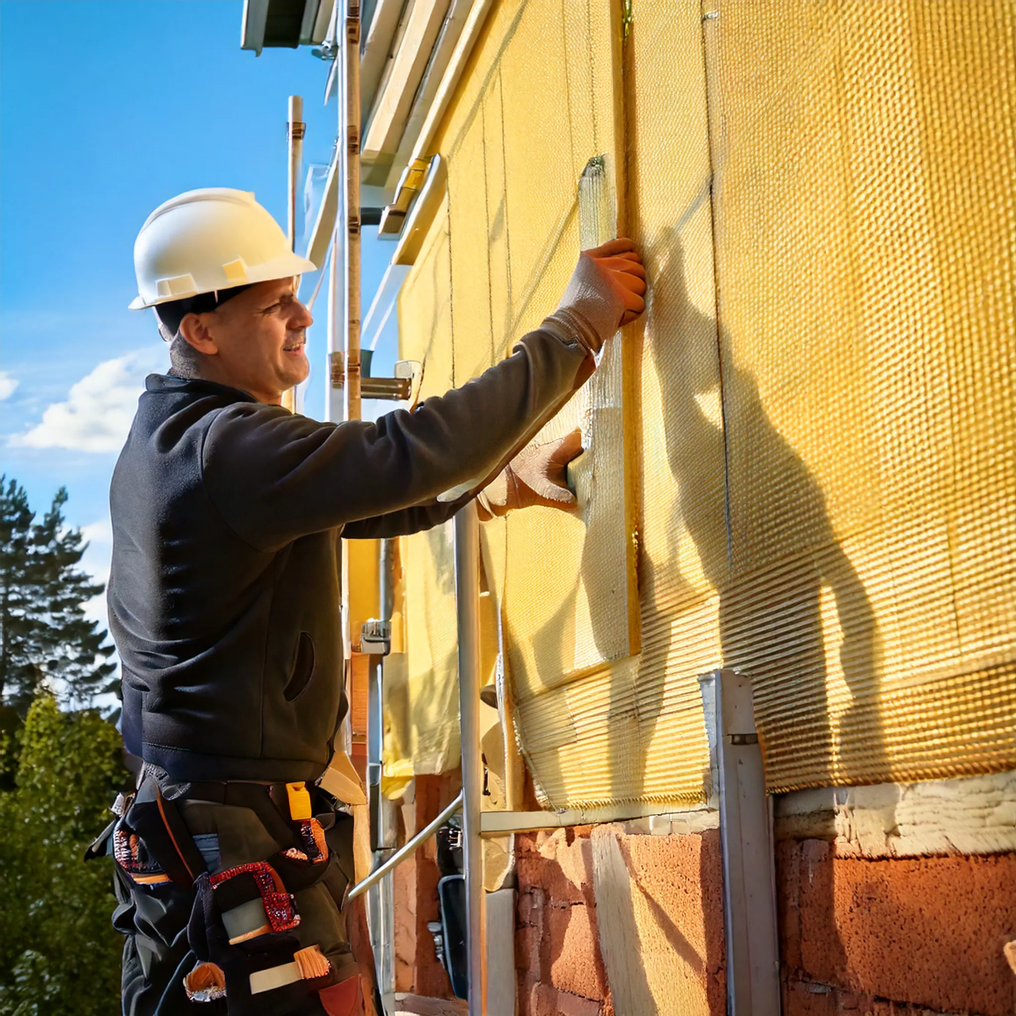 Hausbesitzer bringt Dämmplatten an der Außenfassade an – Fassadendämmung für mehr Energieeffizienz