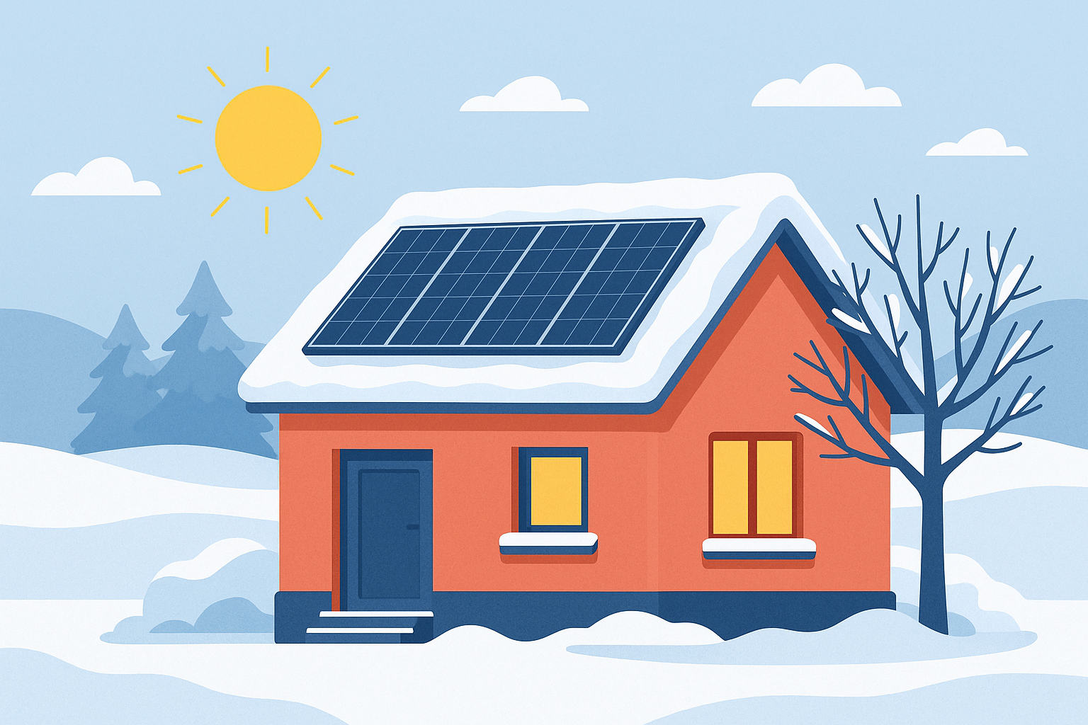 Photovoltaikanlage im Winter auf schneebedecktem Dach bei Sonnenschein – Solarstromnutzung trotz Kälte und Schnee.